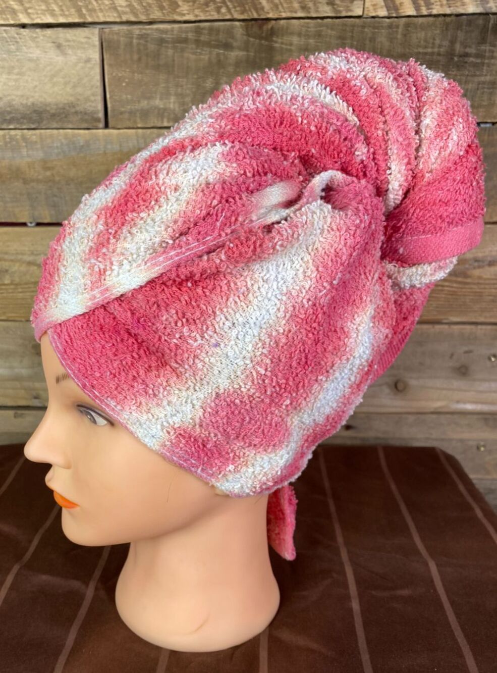 Tie Dye Hair Wrap Towel Soft 100% Cotton Pink And White Handmade 20X40 in